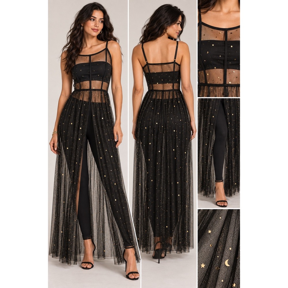 Black Sheer Mesh Star Moon Maxi Dress Overlay Celestial Whimsygoth Festival